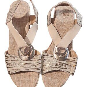 Women's Cream and Gold Open-Toe Wedge Sandal Size 10-1/4